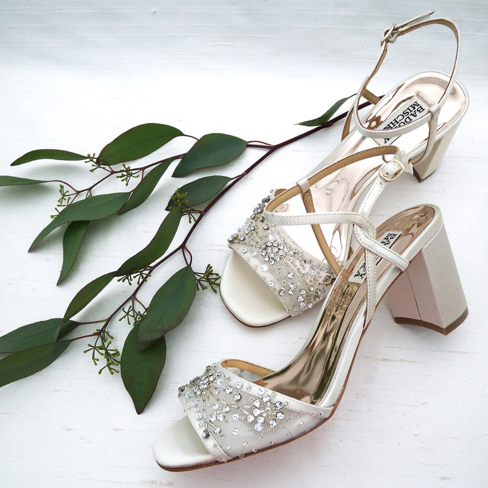 Badgley Mischka Ivory Beaded Block Heel Sandals